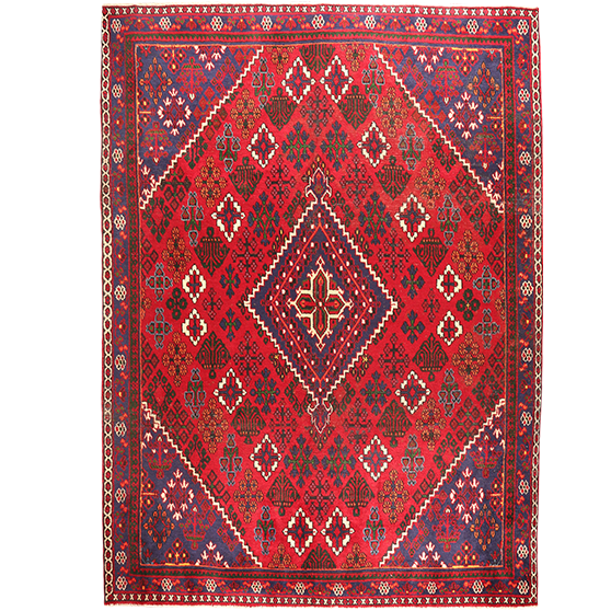 Josheghan Persian Rug 10'0" x 7'1" - Semi Antique Geometric Crimson, Navy Blue Hand Knotted | front view | SKU 111642