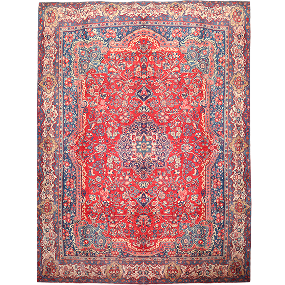 Mahal Persian Rug 13x9 ft - Semi Antique Medallion Ivory, Pink Hand Knotted | front view | SKU 111643