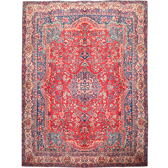 Mahal Persian Rug 13'5" x 9'7" - Semi Antique Medallion Ivory, Pink Hand Knotted | front view | SKU 111643