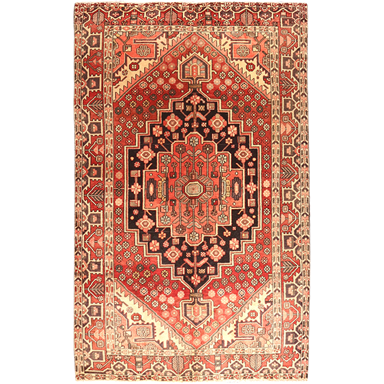Bakhtiari Persian Rug 8x4 ft - Semi Antique Medallion Blue, Crimson Hand Knotted | front view | SKU 111645