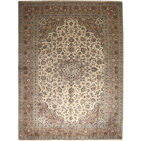 Kashan Persian Rug 11x8 ft - Semi Antique Shah Abbasi, Medallion (Toranj) Cream, Navy Blue, Rust Red Hand Knotted | front view | SKU 111660
