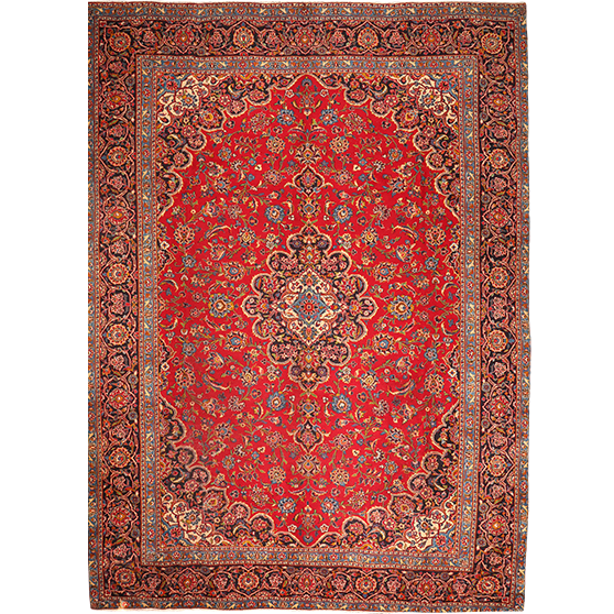 Kashan Persian Rug 13'5" x 9'4" - Semi Antique Medallion Crimson, Navy Blue Hand Knotted | front view | SKU 111663