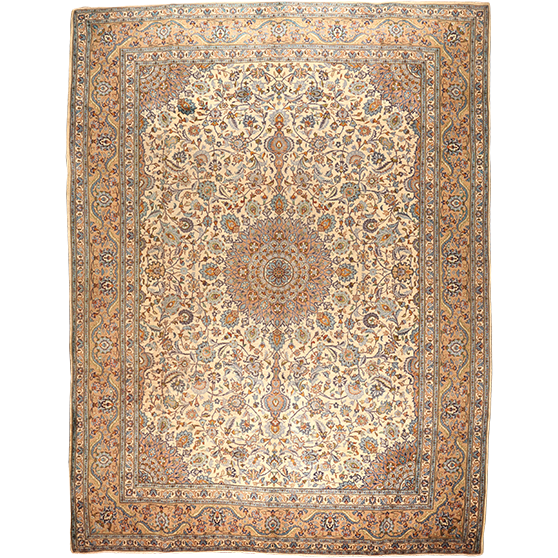 Kashmar Persian Rug 13'1" x 9'7" - Semi Antique Afshan Crimson, Ivory Hand Knotted | front view | SKU 111664