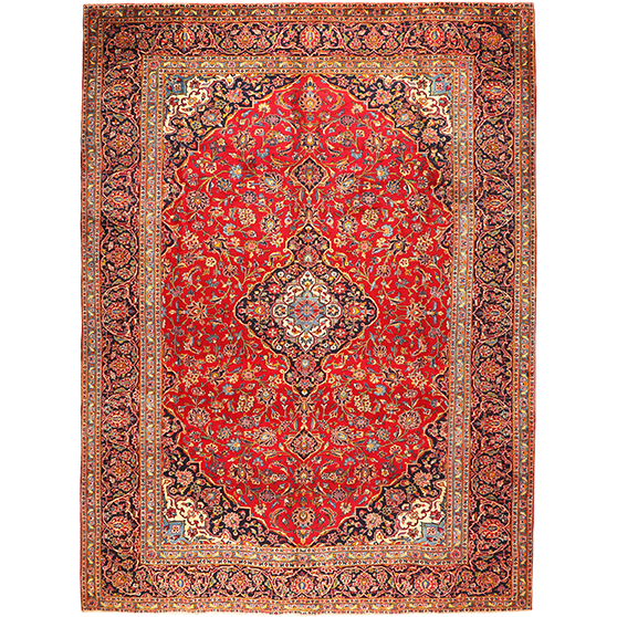 Kashan Persian Rug 11x8 ft - Semi Antique Shah Abbasi, Medallion (Toranj) Crimson, Navy Blue, Ivory Hand Knotted | front view | SKU 111668