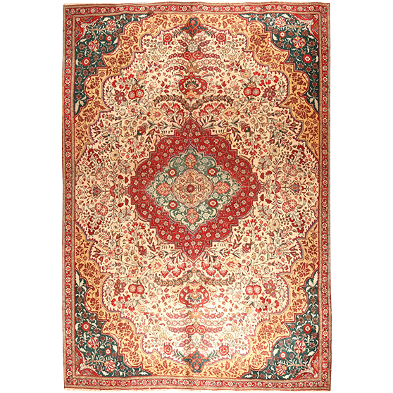Tabriz Persian Rug 10x7 ft - Semi Antique Medallion Toranj Shah Abbasi Cream Red Terracotta Hand Knotted | front view | SKU 111671