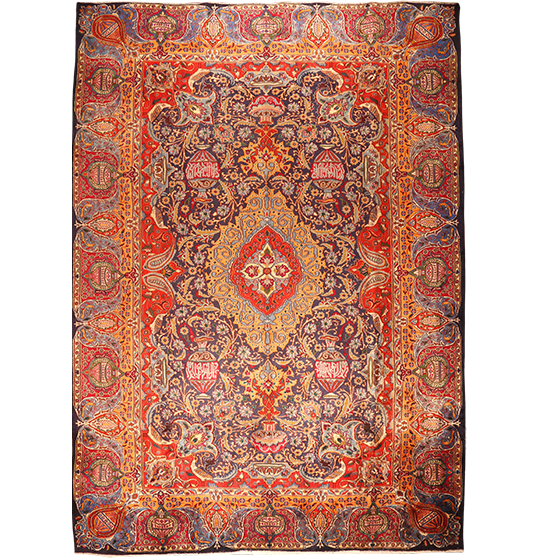 Kashmar Persian Rug 12x9 ft - Semi Antique Medallion Toranj, Shah Abbasi Crimson, Madder Red, Ivory Hand Knotted | front view | SKU 111672