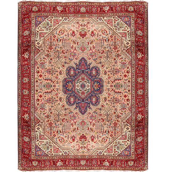 Tabriz Persian Rug 12x9 ft - Semi Antique Medallion (Toranj), Shah Abbasi Cream, Madder Red, Navy Blue Hand Knotted | front view | SKU 111673