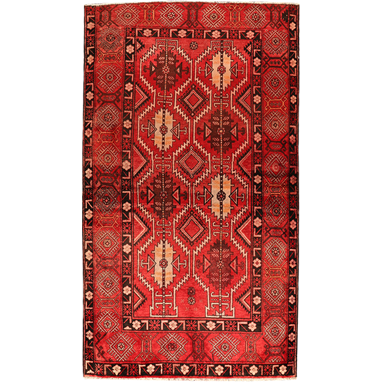 Quchan Persian Rug 9x5 ft - Semi Antique Medallion Red, Blue Hand Knotted | front view | SKU 111674