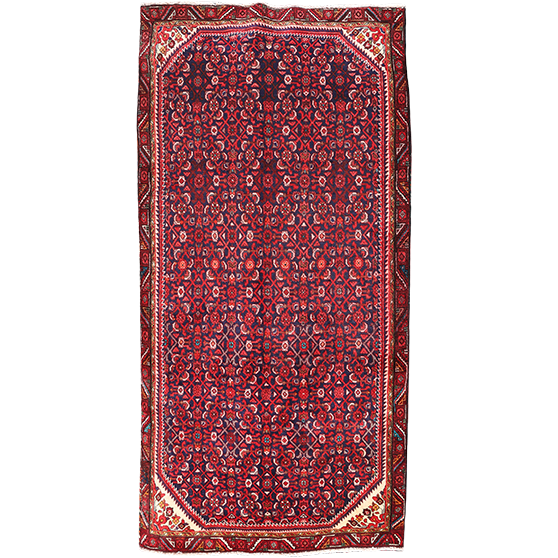 Hamadan Persian Rug 10'2" x 5'1" - Semi Antique Afshan Red, Blue Hand Knotted | front view | SKU 111675
