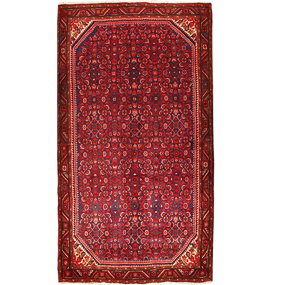 Hamadan Persian Rug 10x5 ft - Semi Antique Herati (Mahi), Afshan (All-Over) Madder Red, Dark Red, Navy Blue Hand Knotted | front view | SKU 111676