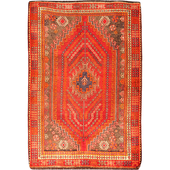 Shiraz Persian Rug 8x5 ft - Semi Antique Medallion (Toranj), Geometric Red, Madder Red, Brick Red Hand Knotted | front view | SKU 111677