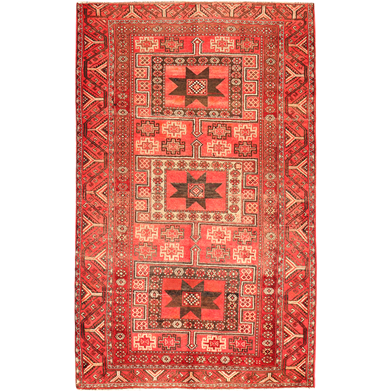 Quchan Persian Rug 8x5 ft - Semi Antique Medallion Red, Blue Hand Knotted | front view | SKU 111678