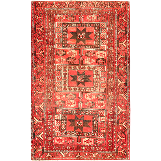 Quchan Persian Rug 8'6" x 5'3" - Semi Antique Medallion Red, Blue Hand Knotted | front view | SKU 111678