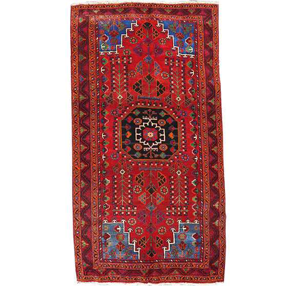 Quchan Persian Rug 9x4 ft - Semi Antique Medallion (Toranj), Geometric Madder Red, Navy Blue, Ivory Hand Knotted | front view | SKU 111681