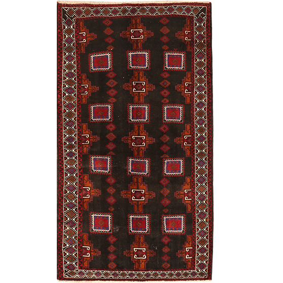 Baluch Persian Rug 8x4 ft - Semi Antique Geometric, Turkmen Gul Dark Red, Burgundy, Cream Hand Knotted | front view | SKU 111686