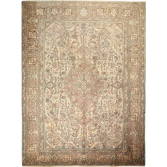 Tabriz Persian Rug 13x9 ft - Semi Antique Medallion Toranj Afshan Cream Camel Brown Hand Knotted | front view | SKU 111687