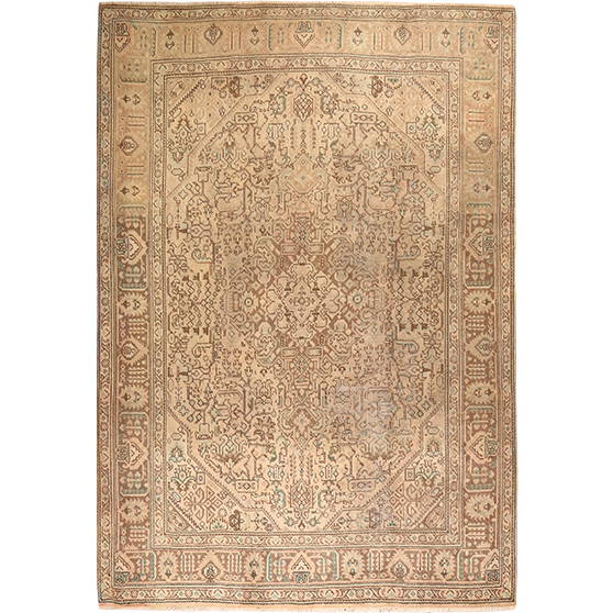 Tabriz Persian Rug 9x6 ft - Semi Antique Eslimi Medallion Cream, Camel, Brown Hand Knotted | front view | SKU 111688