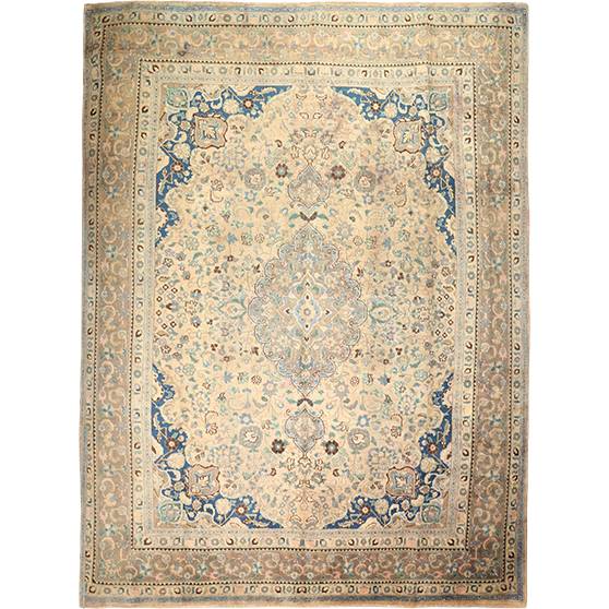 Sabzevar Persian Rug 12x9 ft - Semi Antique Medallion (Toranj), Shah Abbasi Cream, Beige, Cornflower Blue Hand Knotted | front view | SKU 111690