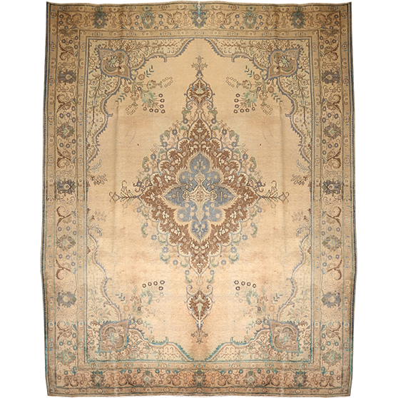 Tabriz Persian Rug 12x10 ft - Semi Antique Eslimi Arabesque, Medallion Toranj Cream, Camel, Blue Hand Knotted | front view | SKU 111691