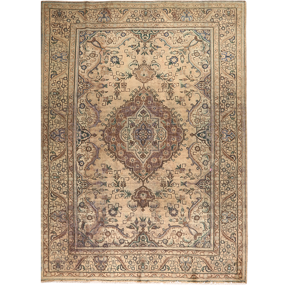 Tabriz Persian Rug 9'2" x 6'9" - Semi Antique Medallion Red, Cream Hand Knotted | front view | SKU 111692
