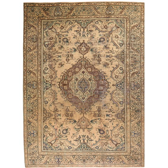 Tabriz Persian Rug 9'2" x 6'9" - Semi Antique Medallion Red, Cream Hand Knotted | front view | SKU 111693