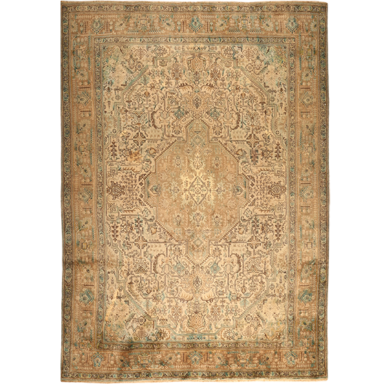 Tabriz Persian Rug 11x8 ft - Semi Antique Medallion Toranj Shah Abbasi Camel Cream Ivory Hand Knotted | front view | SKU 111697