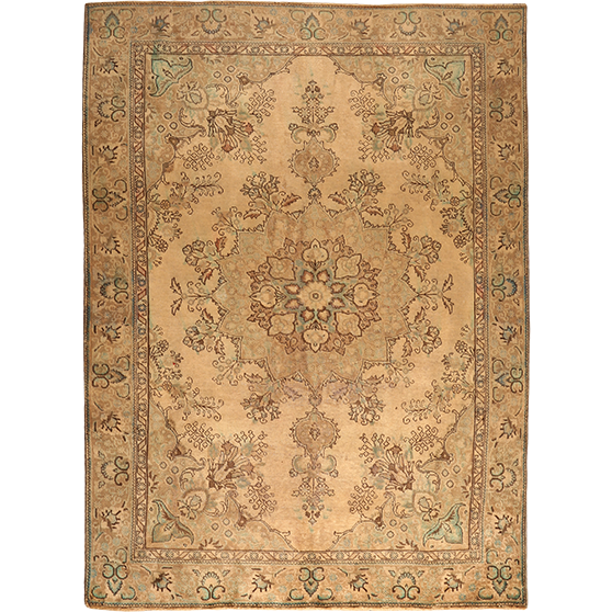 Tabriz Persian Rug 11x7 ft - Semi Antique Medallion (Toranj), Shah Abbasi Camel, Taupe, Brown Hand Knotted | front view | SKU 111699