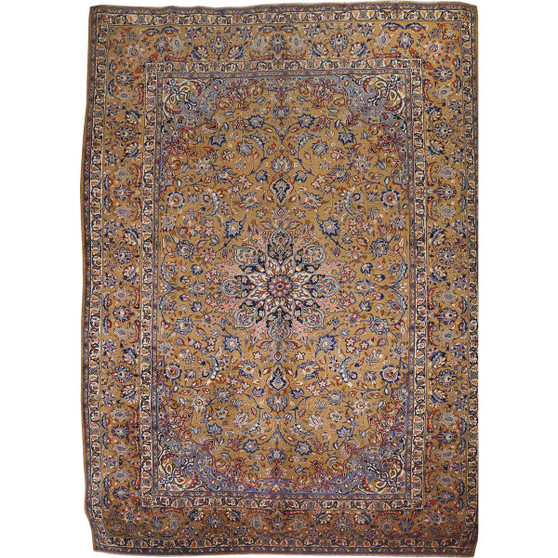 Najafabad Persian Rug 13x9 ft - Semi Antique Medallion (Toranj), Shah Abbasi Gold, Burgundy, Navy Blue Hand Knotted | front view | SKU 111708