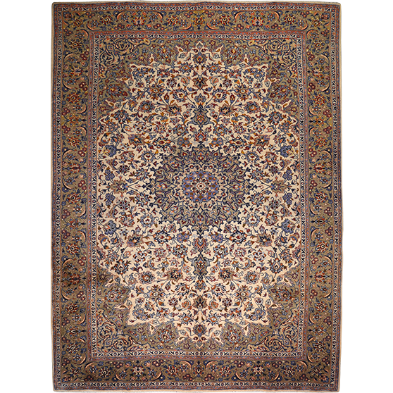Najafabad Persian Rug 12x9 ft - Semi Antique Medallion (Toranj), Shah Abbasi Cream, Navy Blue, Madder Red Hand Knotted | front view | SKU 111709