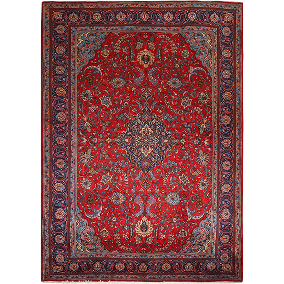 Sarouk Persian Rug 11x8 ft - Semi Antique Medallion (Toranj), Shah Abbasi Madder Red, Navy Blue, Cream Hand Knotted | front view | SKU 111711