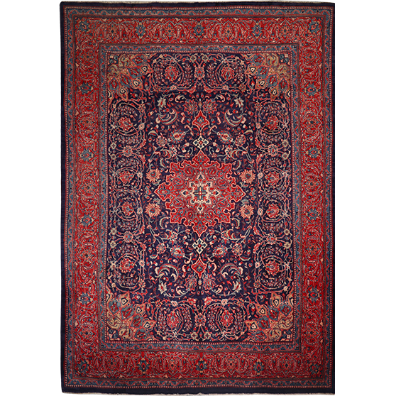 Mahal Persian Rug 13x9 ft - Semi Antique Medallion Ivory, Pink Hand Knotted | front view | SKU 111714