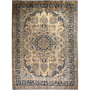 Sabzevar Persian Rug 11x8 ft - Semi Antique Medallion Crimson, Beige Hand Knotted | front view | SKU 111905