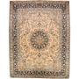 Sabzevar Persian Rug 12x9 ft - Semi Antique Shah Abbasi, Medallion (Toranj) Beige, Navy Blue, Ivory Hand Knotted | front view | SKU 111937