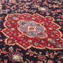 Hamadan Persian Rug 12x9 ft - Semi Antique Medallion Toranj, Shah Abbasi Dark Red, Navy Blue, Madder Red Hand Knotted | back view | SKU 111946