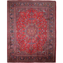 Mashhad Persian Rug 12x9 ft - Semi Antique Shah Abbasi, Medallion (Toranj) Crimson, Navy Blue, Ivory Hand Knotted | front view | SKU 111947