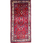 Sarouk Persian Rug 4x1 ft - Semi Antique Medallion Toranj, Shah Abbasi Madder Red, Cream, Navy Blue Hand Knotted | front view | SKU 110517