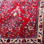 Sarouk Persian Rug 4x2 ft - Semi Antique Medallion (Toranj), Shah Abbasi Madder Red, Cream, Navy Blue Hand Knotted | side view | SKU 110518