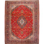 Kashan Persian Rug 13'9" x 10'2" - Semi Antique Medallion (Toranj), Shah Abbasi Crimson, Navy Blue, Cream Hand Knotted | front view | SKU 110004