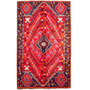 Shiraz Persian Rug 7x4 ft - Semi Antique Medallion Geometric Madder Red, Navy Blue, Ivory Hand Knotted | front view | SKU 111510