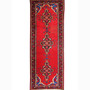 Ferdows Persian Rug 10'1" x 3'9" - Semi Antique Medallion (Toranj), Geometric Red, Blue, Burgundy Hand Knotted | front view | SKU 110009