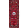 Hosseinabad Persian Rug 10x3 ft - Semi Antique Medallion (Toranj), Herati (Mahi) Madder Red, Dark Red, Navy Blue Hand Knotted | front view | SKU 112135