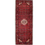 Hosseinabad Persian Rug 10x3 ft - Semi Antique Medallion Toranj, Herati Mahi Madder Red, Crimson, Ivory Hand Knotted | front view | SKU 112145