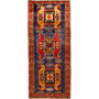 Meshkin Persian Rug 10x4 ft - Semi Antique Medallion (Toranj), Geometric Navy Blue, Crimson, Gold Hand Knotted | front view | SKU 110024