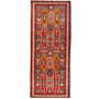 Meshkin Persian Rug 10'8" x 4'7" - Semi Antique Kheshti Garden Geometric Madder Red Cream Navy Blue Hand Knotted | front view | SKU 110025
