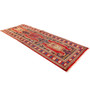 Meshkin Persian Rug 10'8" x 3'10" - Semi Antique Medallion Geometric Madder Red, Crimson, Navy Blue Hand Knotted | texture detail | SKU 110027