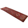 Meshkin Persian Rug 11'6" x 3'5" - Semi Antique Medallion Toranj, Geometric Crimson, Navy Blue, Ivory Hand Knotted | texture detail | SKU 110028