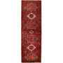 Meshkin Persian Rug 11x3 ft - Semi Antique Medallion (Toranj), Geometric Crimson, Navy Blue, Ivory Hand Knotted | front view | SKU 110028