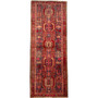 Meshkin Persian Rug 10'10" x 3'9" - Semi Antique Medallion Geometric Madder Red, Navy Blue, Cream Hand Knotted | front view | SKU 110029