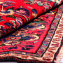 Hamadan Persian Rug 8'6" x 5'11" - Semi Antique Afshan Red, Blue Hand Knotted | corner detail | SKU 112257