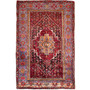 Zanjan Persian Rug 7x5 ft - Semi Antique Medallion Toranj, Herati Mahi Crimson, Navy Blue, Orange Hand Knotted | front view | SKU 112356
